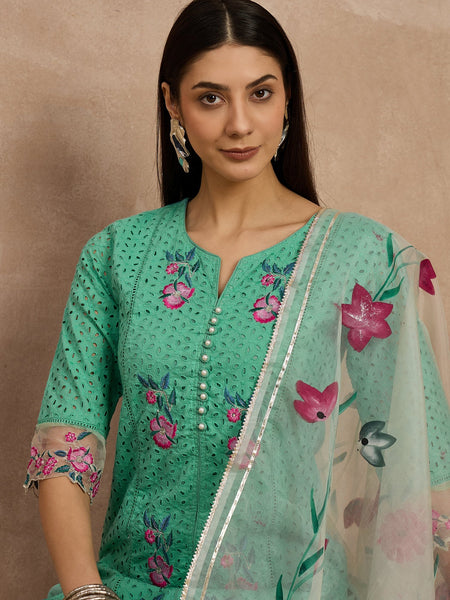 Cotton Schiffli Embroidered Work Kurta, Pant  and  Dupatta