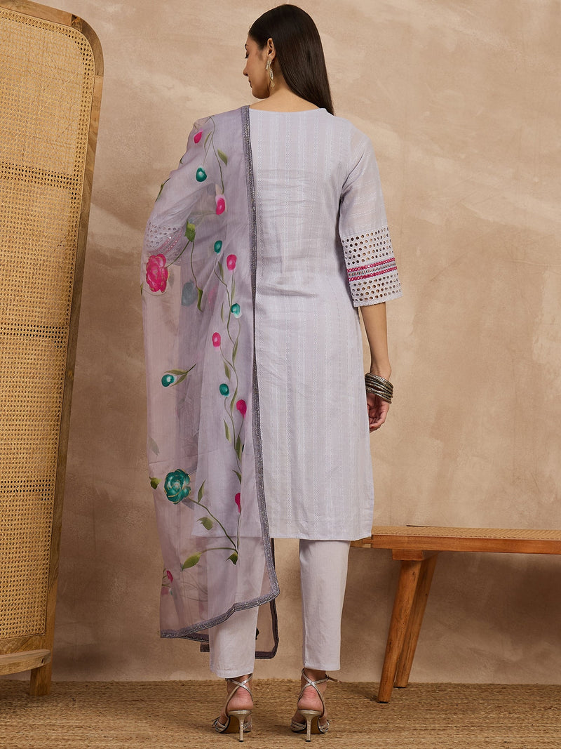 Cotton Schiffli Mirror Work Kurta Pant  and  Dupatta
