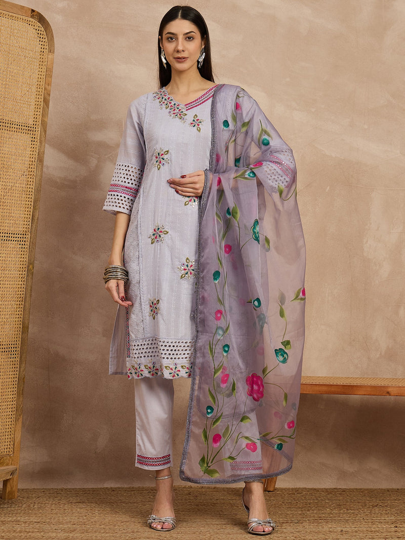 Cotton Schiffli Mirror Work Kurta Pant  and  Dupatta