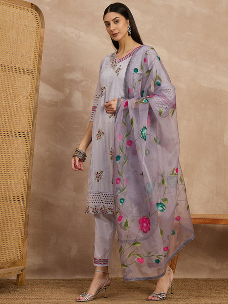 Cotton Schiffli Mirror Work Kurta Pant  and  Dupatta