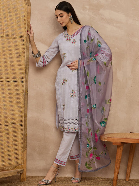 Cotton Schiffli Mirror Work Kurta Pant  and  Dupatta