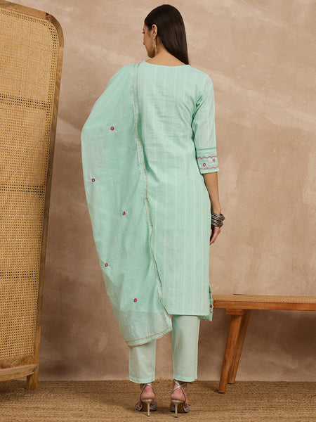 Cotton Schiffli Thread Work Kurta Pant  and  Dupatta