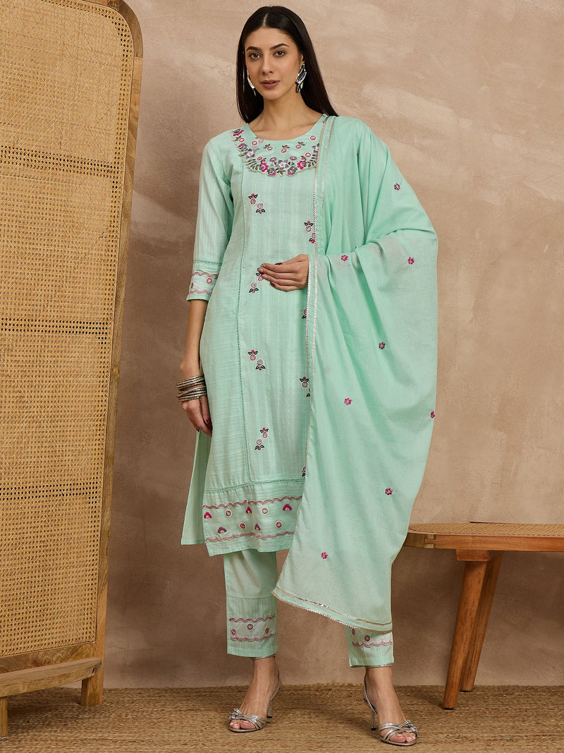 Cotton Schiffli Thread Work Kurta Pant  and  Dupatta