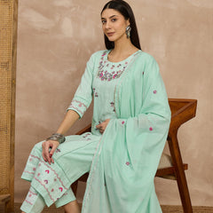 Cotton Schiffli Thread Work Kurta Pant  and  Dupatta