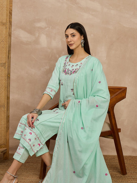 Cotton Schiffli Thread Work Kurta Pant  and  Dupatta