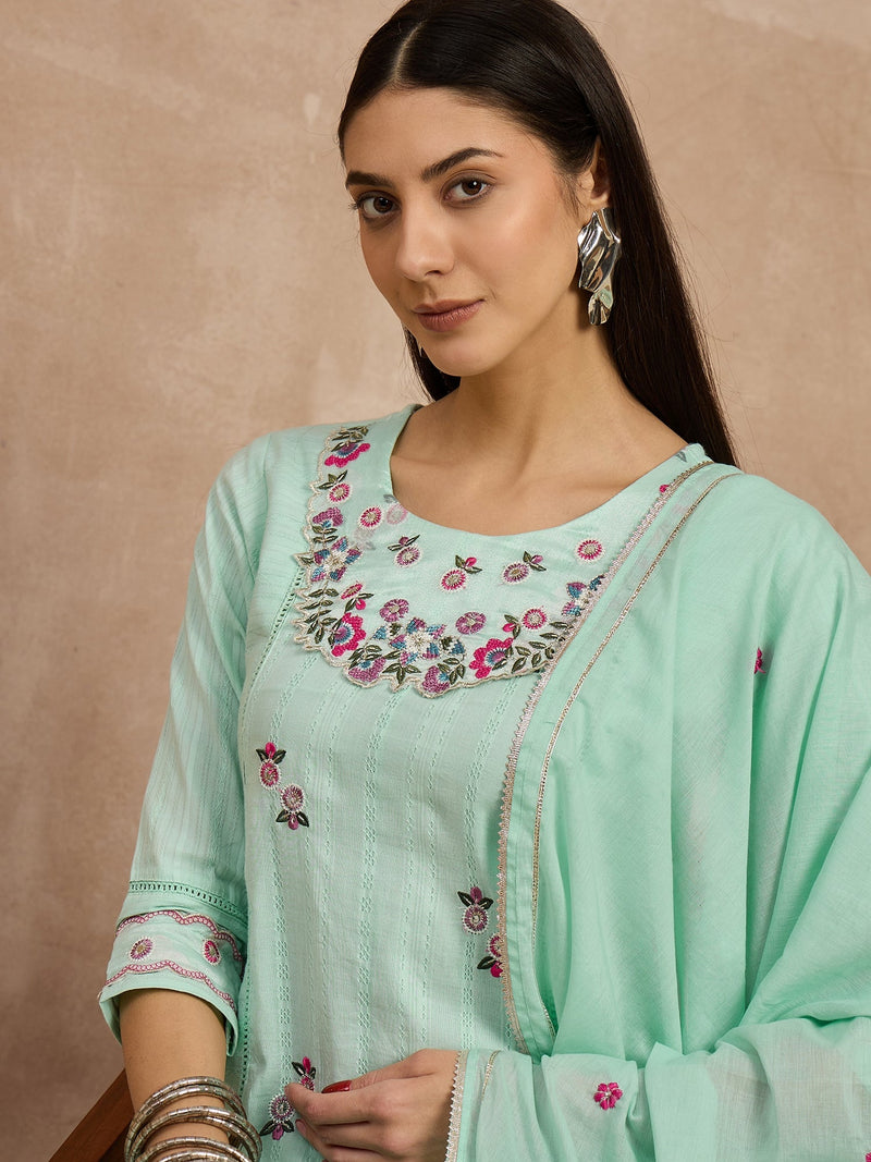 Cotton Schiffli Thread Work Kurta Pant  and  Dupatta