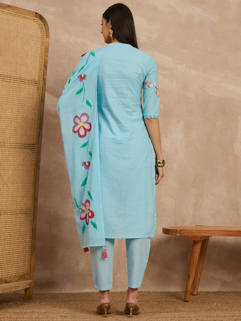 Cotton Schiffli Mandrain Collar Kurta,Pant  and  Dupatta