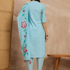 Cotton Schiffli Mandrain Collar Kurta,Pant  and  Dupatta