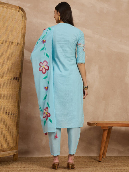 Cotton Schiffli Mandrain Collar Kurta,Pant  and  Dupatta