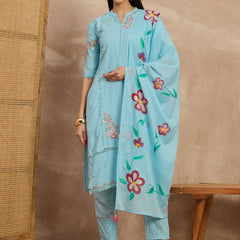 Cotton Schiffli Mandrain Collar Kurta,Pant  and  Dupatta