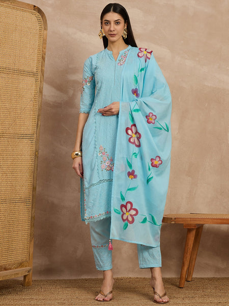 Cotton Schiffli Mandrain Collar Kurta,Pant  and  Dupatta