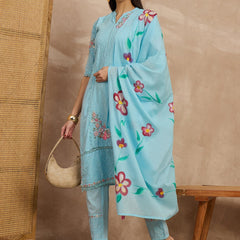 Cotton Schiffli Mandrain Collar Kurta,Pant  and  Dupatta