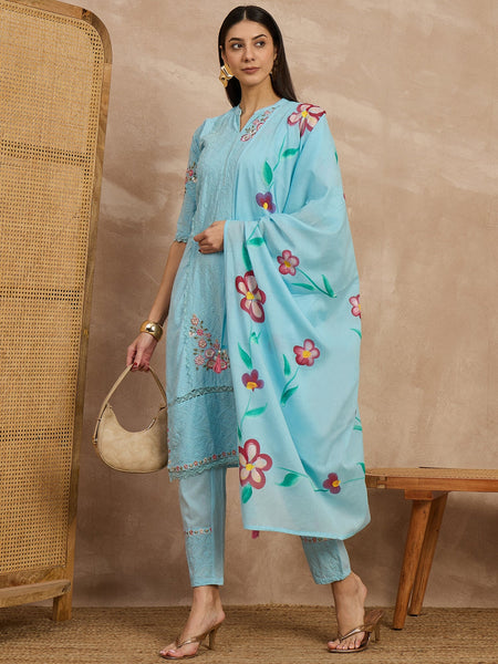 Cotton Schiffli Mandrain Collar Kurta,Pant  and  Dupatta