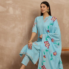 Cotton Schiffli Mandrain Collar Kurta,Pant  and  Dupatta