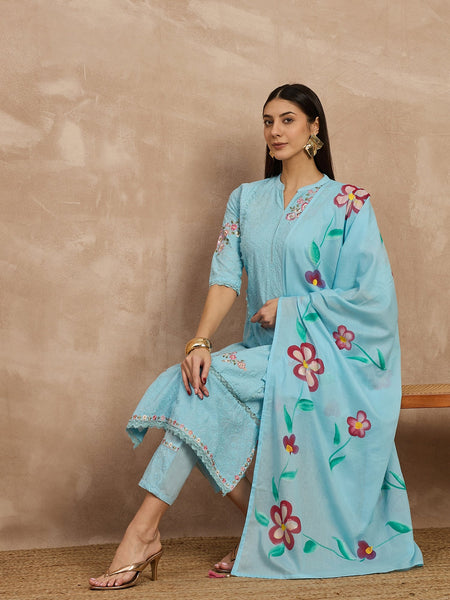 Cotton Schiffli Mandrain Collar Kurta,Pant  and  Dupatta