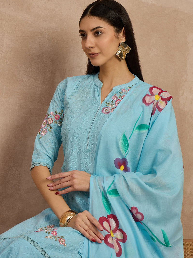 Cotton Schiffli Mandrain Collar Kurta,Pant  and  Dupatta