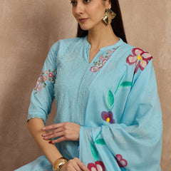 Cotton Schiffli Mandrain Collar Kurta,Pant  and  Dupatta
