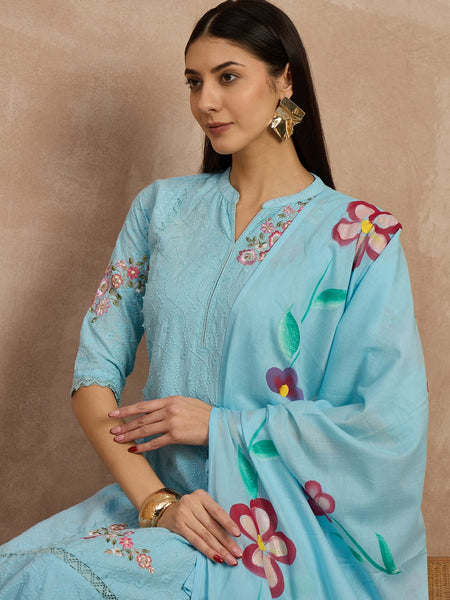 Cotton Schiffli Mandrain Collar Kurta,Pant  and  Dupatta