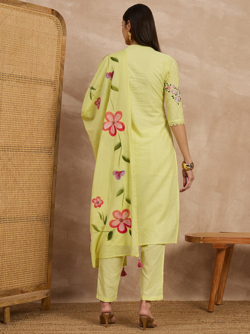Cotton Schiffli Mandrain Collar Kurta,Pant  and  Dupatta