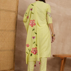 Cotton Schiffli Mandrain Collar Kurta,Pant  and  Dupatta