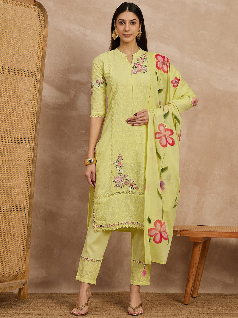 Cotton Schiffli Mandrain Collar Kurta,Pant  and  Dupatta