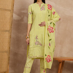 Cotton Schiffli Mandrain Collar Kurta,Pant  and  Dupatta