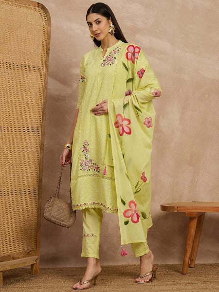 Cotton Schiffli Mandrain Collar Kurta,Pant  and  Dupatta