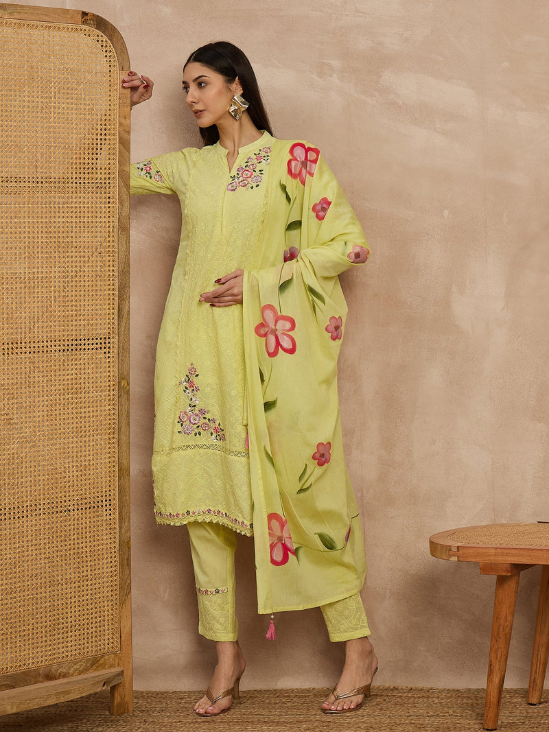 Cotton Schiffli Mandrain Collar Kurta,Pant  and  Dupatta
