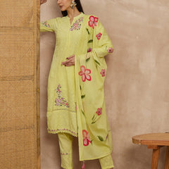 Cotton Schiffli Mandrain Collar Kurta,Pant  and  Dupatta