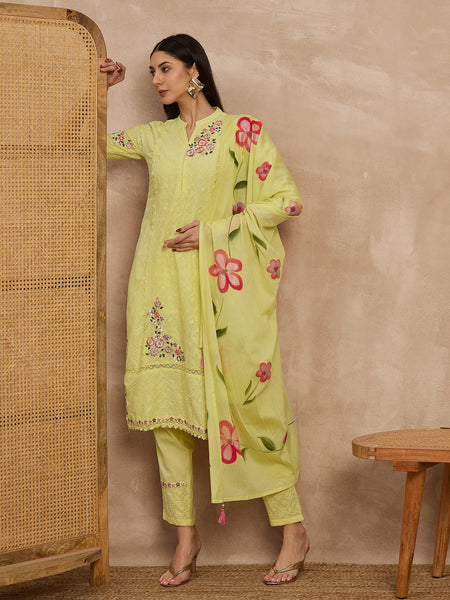 Cotton Schiffli Mandrain Collar Kurta,Pant  and  Dupatta