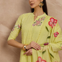 Cotton Schiffli Mandrain Collar Kurta,Pant  and  Dupatta