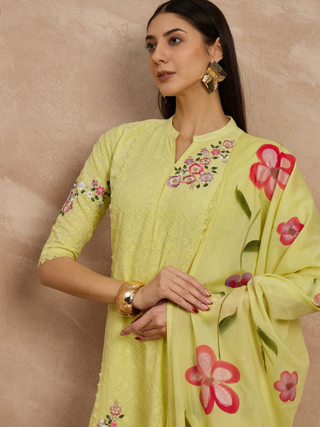 Cotton Schiffli Mandrain Collar Kurta,Pant  and  Dupatta