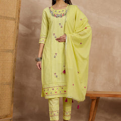 Cotton Schiffli Thread Work Kurta Pant  and  Dupatta