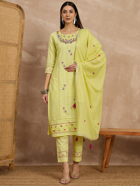 Cotton Schiffli Thread Work Kurta Pant  and  Dupatta