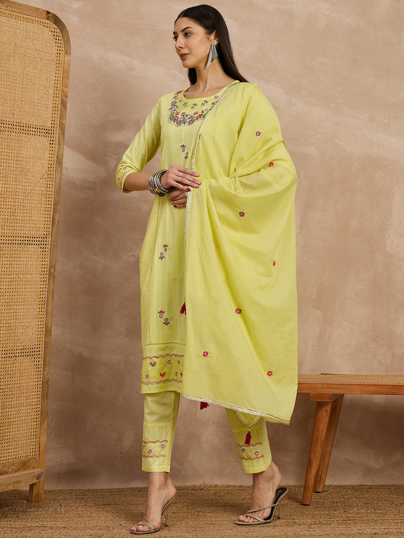 Cotton Schiffli Thread Work Kurta Pant  and  Dupatta