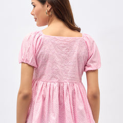 Pink Cotton Schiffli Puff Sleeve Peplum Top