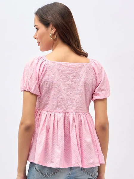 Pink Cotton Schiffli Puff Sleeve Peplum Top