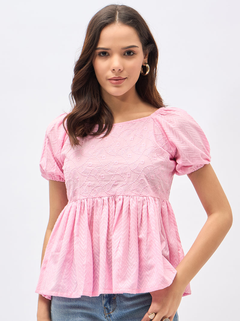 Pink Cotton Schiffli Puff Sleeve Peplum Top