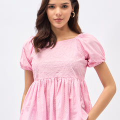 Pink Cotton Schiffli Puff Sleeve Peplum Top