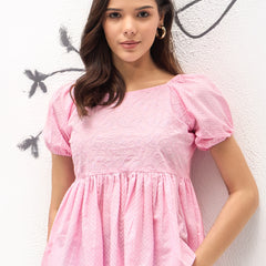 Pink Cotton Schiffli Puff Sleeve Peplum Top