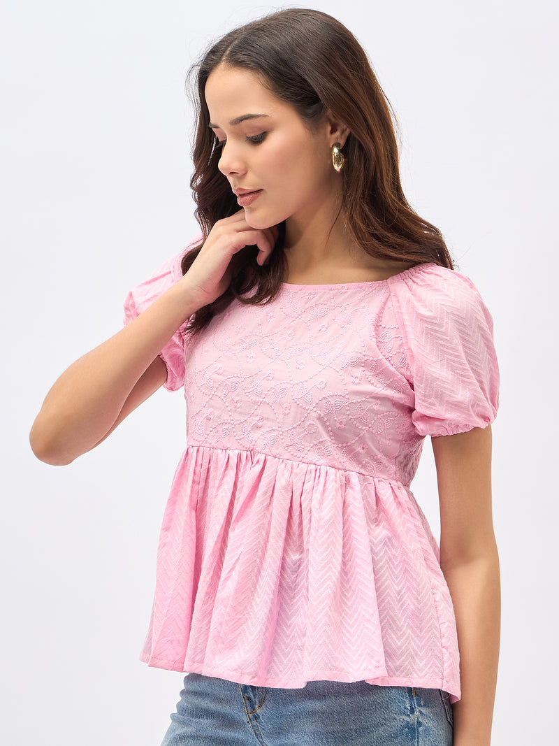 Pink Cotton Schiffli Puff Sleeve Peplum Top