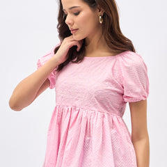 Pink Cotton Schiffli Puff Sleeve Peplum Top