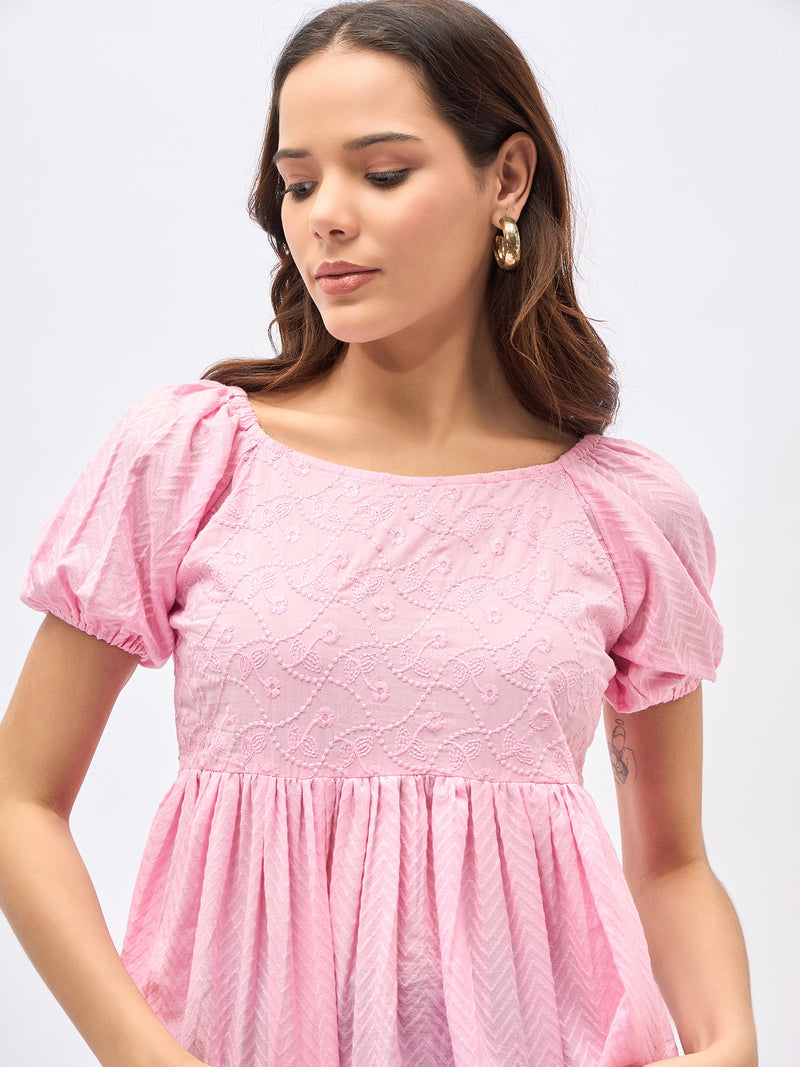 Pink Cotton Schiffli Puff Sleeve Peplum Top