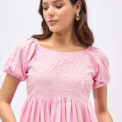 Pink Cotton Schiffli Puff Sleeve Peplum Top