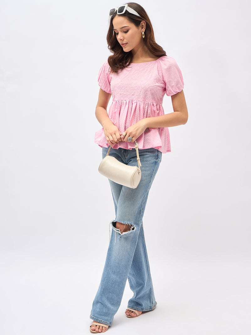 Pink Cotton Schiffli Puff Sleeve Peplum Top