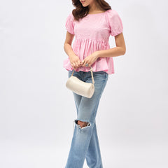 Pink Cotton Schiffli Puff Sleeve Peplum Top