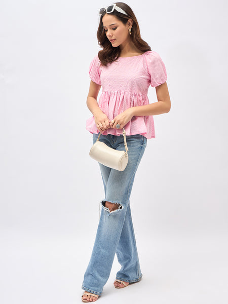Pink Cotton Schiffli Puff Sleeve Peplum Top