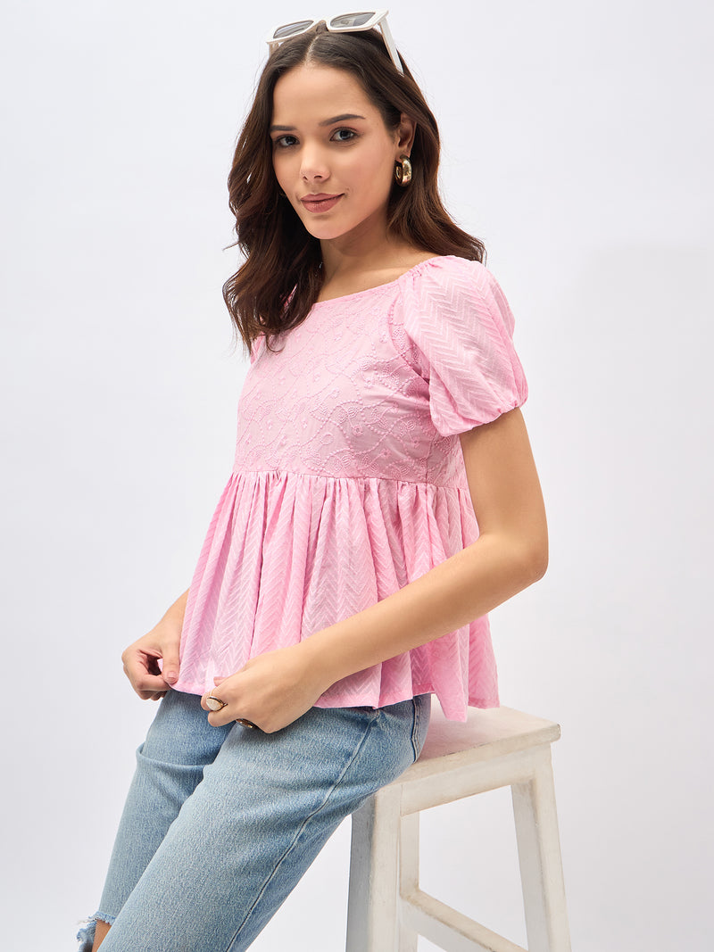 Pink Cotton Schiffli Puff Sleeve Peplum Top