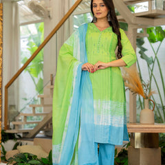 Women Tie& Dye Cotton Straight Shape Kurta , Pant With Dupatta