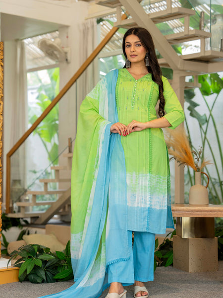 Women Tie& Dye Cotton Straight Shape Kurta , Pant With Dupatta